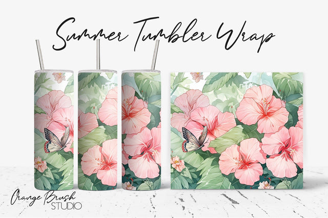 Pink Tropical Flowers Sublimation, Summer Tumbler Wrap Sublimation OrangeBrushStudio 