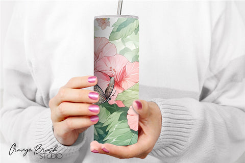 Pink Tropical Flowers Sublimation, Summer Tumbler Wrap Sublimation OrangeBrushStudio 