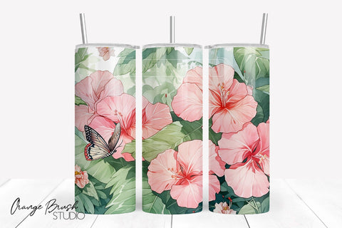 Pink Tropical Flowers Sublimation, Summer Tumbler Wrap Sublimation OrangeBrushStudio 