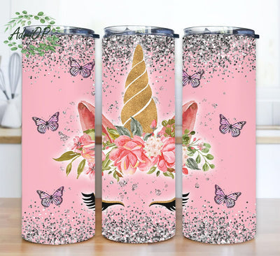 Pink Unicorn 20oz Skinny Tumbler Png, Glitter Unicorn, Floral Unicorn Tumbler, Butterfly Png, Cute Unicorn Tumbler, Tumbler Wrap Digital Download Sublimation AdriOP 