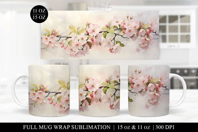 Pink Watercolor Cherry Blossom Mug Wrap Sublimation Design Sublimation BijouBay 
