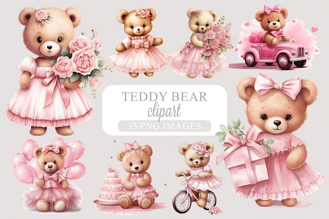 Pink Watercolor Teddy Bear Clipart Sublimation BijouBay 