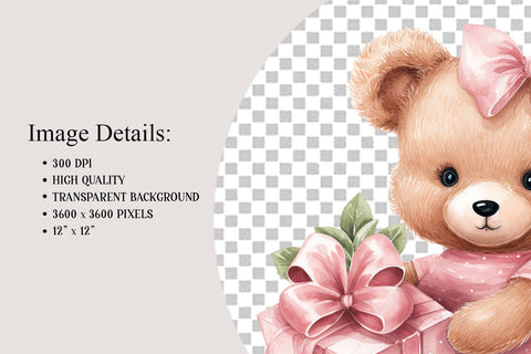 Sweet Girl Teddy Bear in Pink Brown watercolor clip art, image sublima By  clipArtem