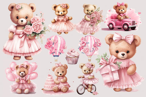 Pink Watercolor Teddy Bear Clipart Sublimation BijouBay 