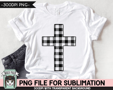 Plaid Cross SUBLIMATION design PNG, Easter Sublimation, Christian sublimation download, Religious png file, Black White Buffalo Plaid Cross png Sublimation Wild Pilot 