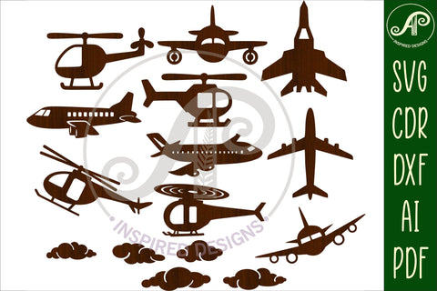 Plane and helicopter designs, 18 laser cut shapes SVG SVG APInspireddesigns 