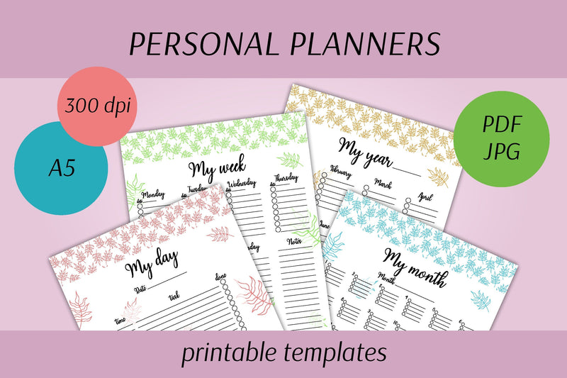 Planner Pages Set | A4 A5 Printable Templates | Leafy Design - So Fontsy