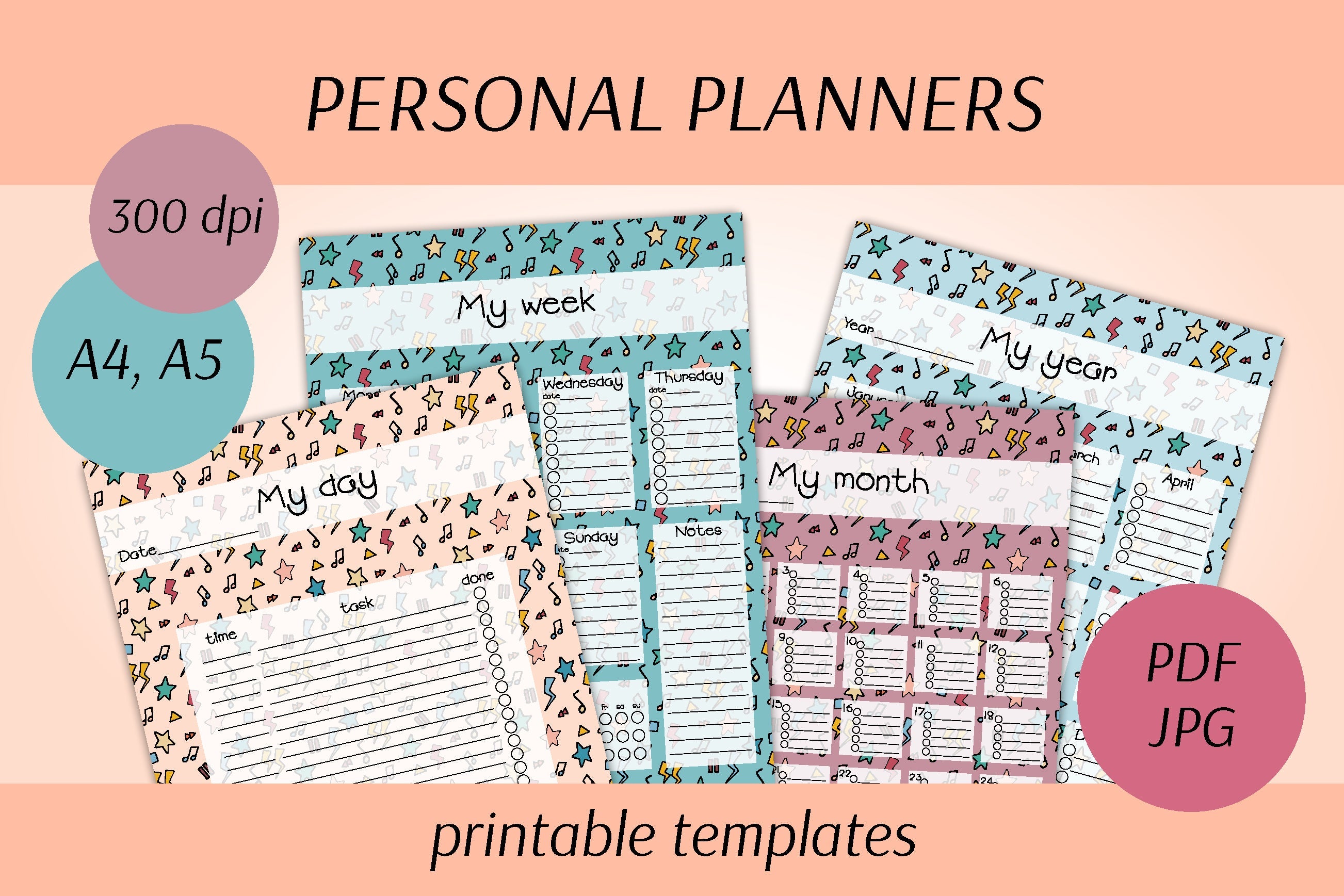 Planners Set | A4 A5 Printable Templates | Doodle Design - So Fontsy
