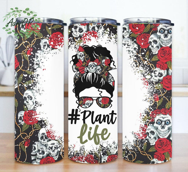 Plant Life Design Tumbler, Floral Skulls Tumbler Wrap, Messy Bun Hair 20oz Skinny Tumbler, Flower Tumbler Png, Digital Download Sublimation AdriOP 