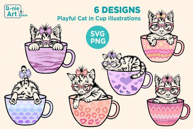 Playful Cat in Cup SVG, Peeking Cat Clipart, Cup Pattern Graphics SVG Q-nie Art Space 