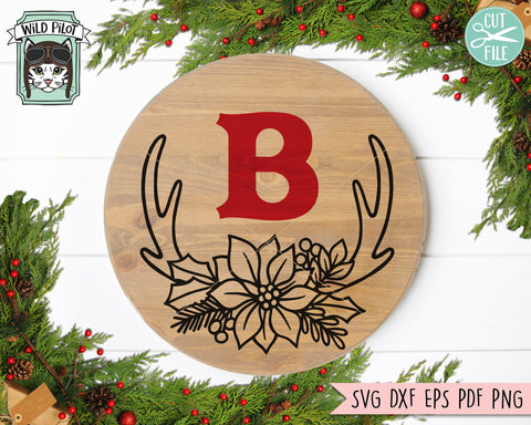 Poinsettia Antlers SVG file, Antlers cut file, Christmas svg, Christmas Antlers Floral Monogram Frame svg, Winter, Christmas Monogram svg SVG Wild Pilot 