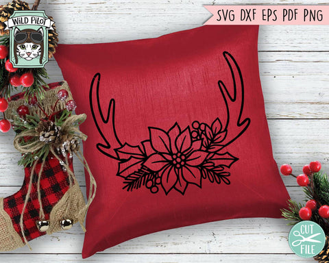 Poinsettia Antlers SVG file, Antlers cut file, Christmas svg, Christmas Antlers Floral Monogram Frame svg, Winter, Christmas Monogram svg SVG Wild Pilot 