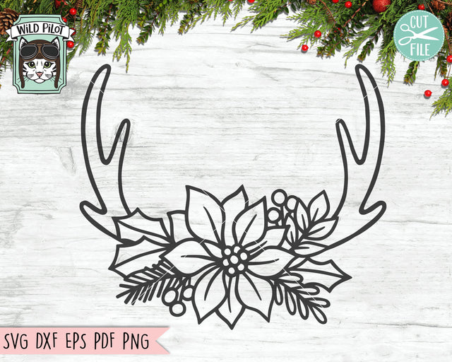 Poinsettia Antlers SVG file, Antlers cut file, Christmas svg, Christmas Antlers Floral Monogram Frame svg, Winter, Christmas Monogram svg SVG Wild Pilot 