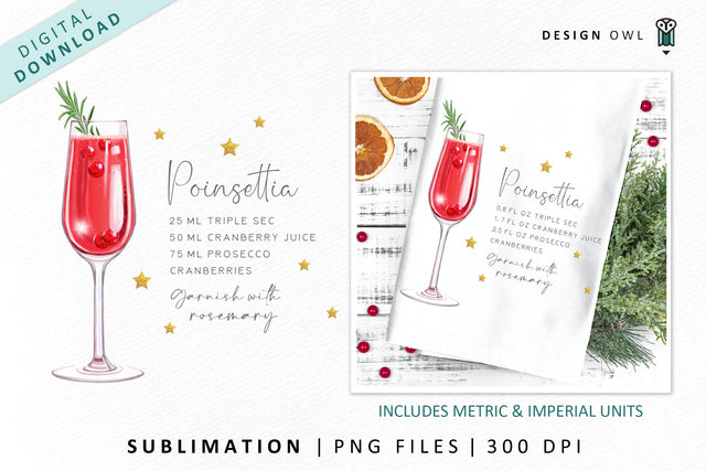 Poinsettia Christmas Cocktail Recipe Illustration Sublimation Design Owl 