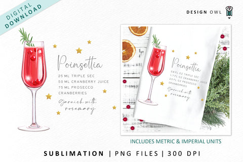 Poinsettia Christmas Cocktail Recipe Illustration Sublimation Design Owl 