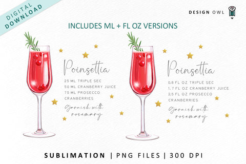 Poinsettia Christmas Cocktail Recipe Illustration Sublimation Design Owl 