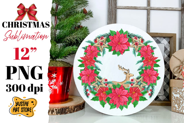 Poinsettia Christmas Wreath Sublimation.Christmas round sign Sublimation Yustaf Art Store 