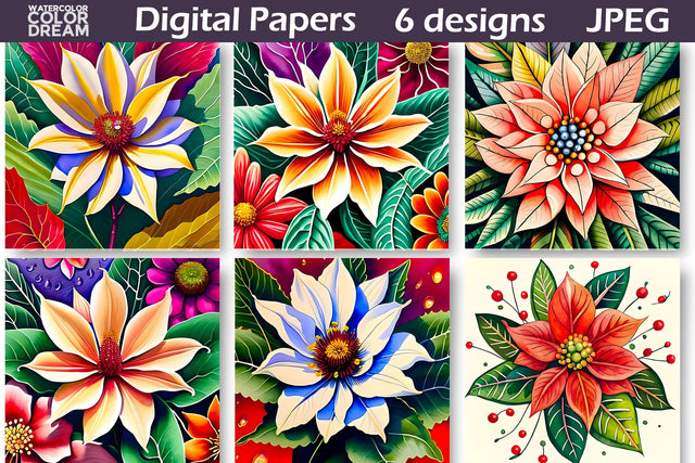Poinsettia Digital Paper | Poinsettia Illustration Sublimation WatercolorColorDream 