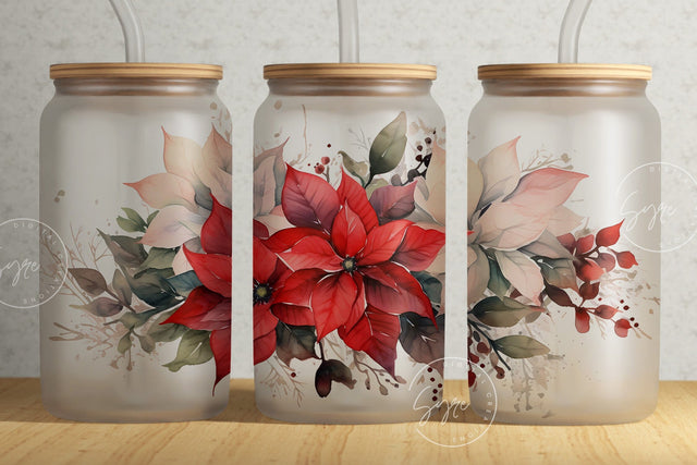 Poinsettia Flower 16oz Libbey Glass Can Sublimation Design, Red Floral Tumbler, Christmas Tumbler Wrap, Gift for Christmas Holiday, Digital Sublimation Syre Digital Creations 