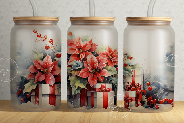 Poinsettia Flower 16oz Libbey Glass Can Sublimation Design, Red Floral Tumbler, Christmas Tumbler Wrap, Gift for Christmas Holiday, Digital Sublimation Syre Digital Creations 