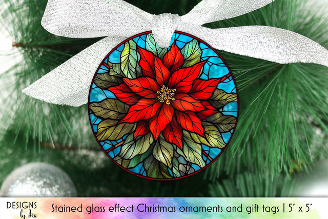 poinsettia Flowers Christmas Ornament Stained Glass Effect Sublimation Designs by Ira 