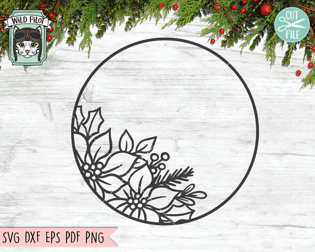 Poinsettia Frame svg file, Christmas svg, Christmas Wreath cut file, Christmas Monogram Frame svg, Poinsettia Wreath svg, Round Frame svg SVG Wild Pilot 