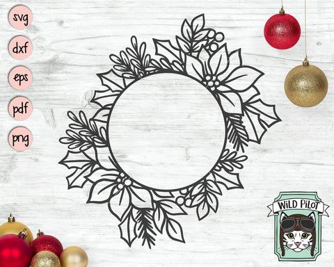 Poinsettia Frame svg file, Christmas svg, Christmas Wreath cut file, Christmas Monogram Frame svg, Poinsettia Wreath svg, Round Frame svg SVG Wild Pilot 