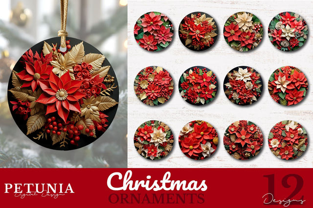 Poinsettia Round Christmas Ornaments Sublimation Bundle Sublimation Petunia Digital Design 