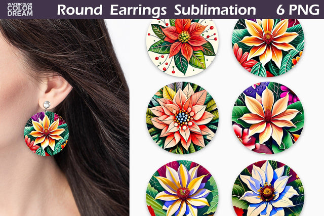 Poinsettia Round Earrings | Flowers Round Earrings Sublimation WatercolorColorDream 