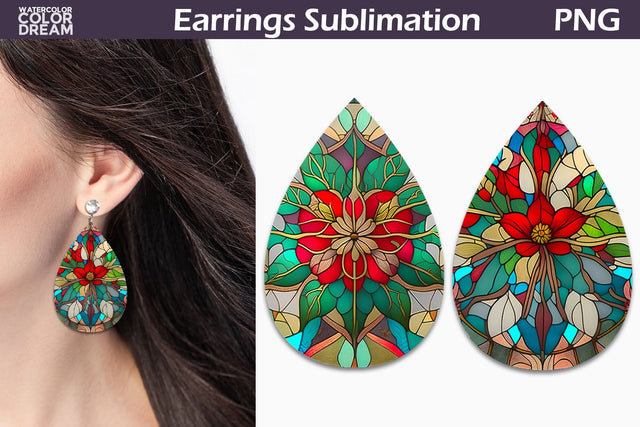 Poinsettia Stained Glass Teardrop Earrings | Floral Earrings Sublimation WatercolorColorDream 