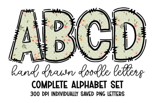 Polka Dot Floral Hand Drawn Doodle Letters Alphabet PNG Set Sublimation BijouBay 