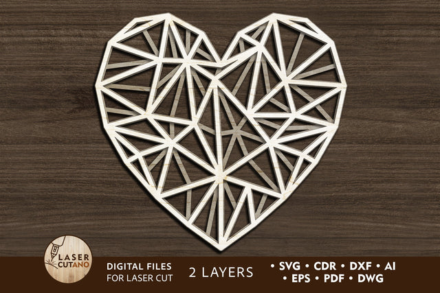 Polygonal Heart - Multilayer Laser Cut Files, Mandala, 3D Design SVG LaserCutano 