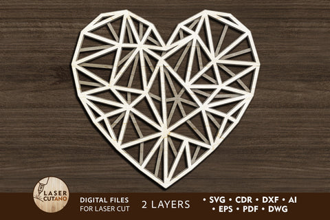 Polygonal Heart - Multilayer Laser Cut Files, Mandala, 3D Design SVG LaserCutano 