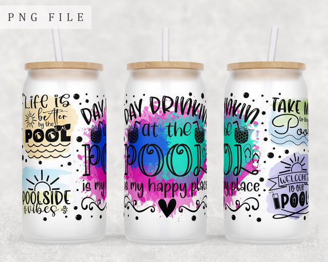 Pool Quotes Libbey Glass Can Wrap, 16oz Glass Can Sublimation Design, Pool Sayings Glass Can PNG File Sublimation HappyDesignStudio 