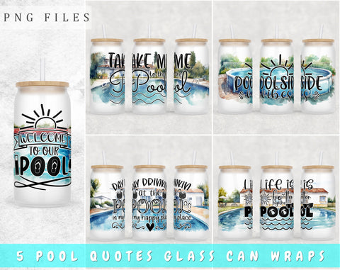 Pool Quotes Libbey Glass Can Wraps, 16oz Glass Can Sublimation Designs, Pool Vibes Glass Can PNG Files Sublimation HappyDesignStudio 