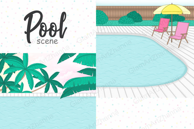 Pool Scene | Summer Tropical Landscape Sketch DESIGN GlamArtZhanna 