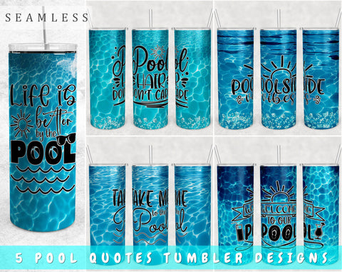 Pool Tumbler Wraps Bundle, 20 Oz Skinny Tumbler Pool Quotes Sublimation Designs, Pool Tumbler PNG, Seamless Tumbler PNG, 5 Designs Sublimation HappyDesignStudio 