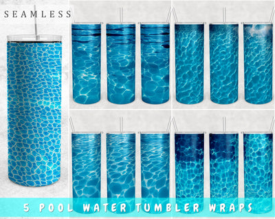 Pool Water Tumbler Wraps Bundle, 20 Oz Skinny Tumbler Pool Sublimation Designs, Seamless Pool Water PNG, 5 Designs Sublimation HappyDesignStudio 