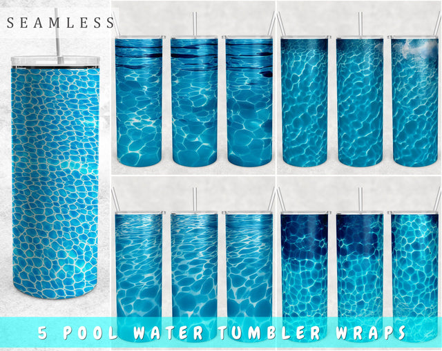 Pool Water Tumbler Wraps Bundle, 20 Oz Skinny Tumbler Pool Sublimation Designs, Seamless Pool Water PNG, 5 Designs Sublimation HappyDesignStudio 