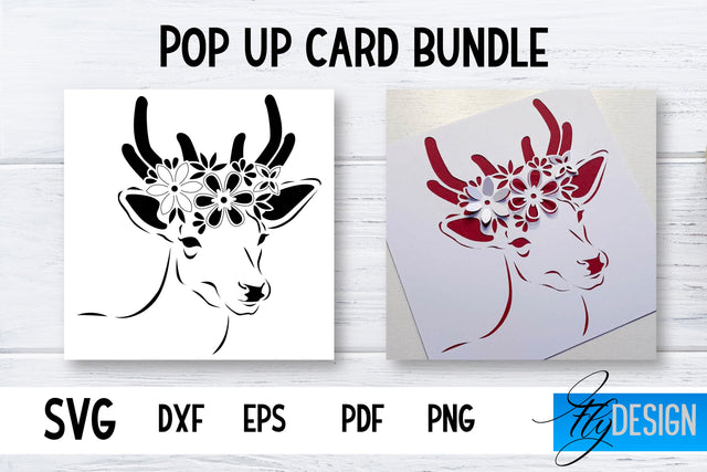 Pop Up Card SVG | Deer-Flower Card SVG | Flower Pop Up SVG Fly Design 