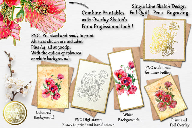 Poppies 3 - Card Kit | Single line file | Digi stamps Sketch DESIGN DrawnTogether with love 