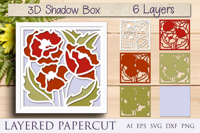 Poppy flower shadow box svg template, 3d floral layered paper cut 3D Paper AnastasiyaArtDesign 
