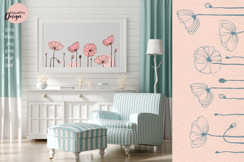 Poppy flowers hand drawing SVG. Only horizontal seamless pattern SVG Klava P 