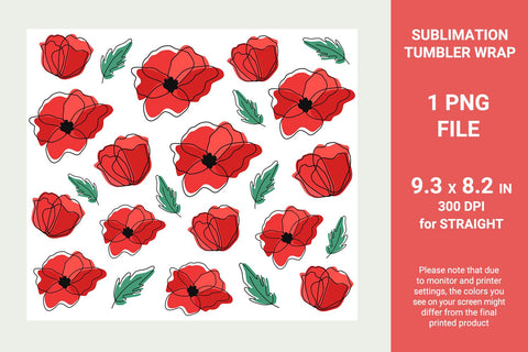 Poppy flowers sublimation tumbler wrap, 20 oz skinny tumbler Sublimation KMarinaDesign 