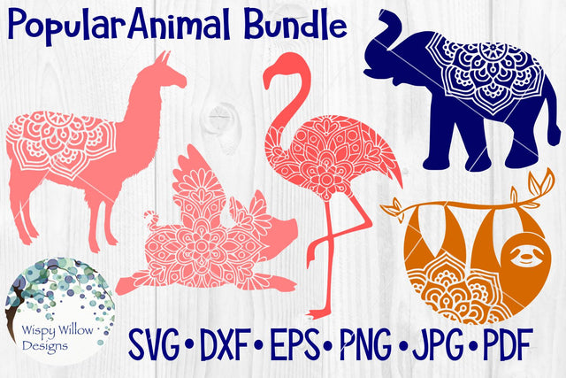 Popular Animal Mandala Bundle | Sloth | Elephant | Llama | Flamingo | Flying Pig SVG Wispy Willow Designs