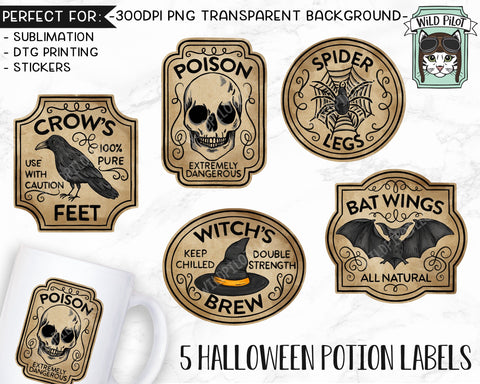 Potion Label Illustrations PNG Files, Poison Labels Clipart, Halloween Illustrations, Halloween Sticker File, Halloween Clipart, Digit Download SVG Wild Pilot 