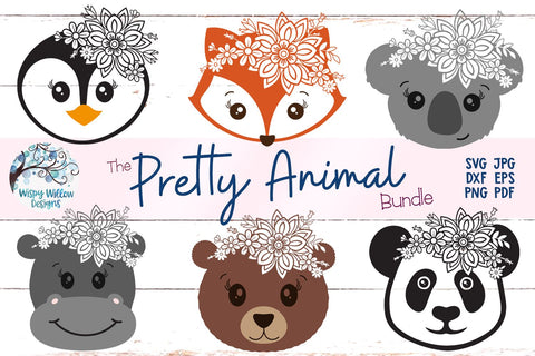Pretty Animal SVG Bundle | Floral Fox, Penguin, Koala, Hippo, Bear, Panda Faces SVG Wispy Willow Designs 