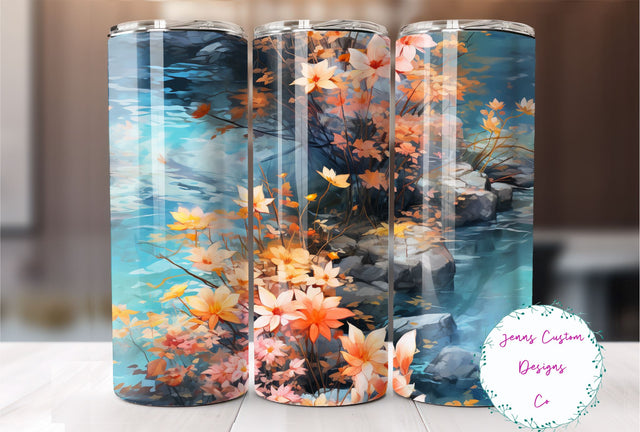 Pretty Fall Flowers over Water 20 oz Skinny Tumbler Sublimation Design Digital Download PNG Instant DIGITAL ONLY, Straight tumbler wrap. Sublimation Jenn Driscoll 