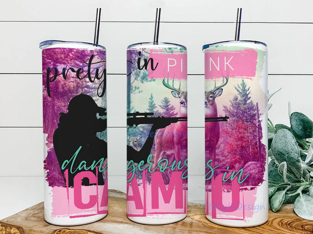Pretty In Pink Dangerous In Camo Tumbler Png, Hunting 20oz Skinny Tumbler, Hunting Season Tumbler Design, Hunting Deer Tumbler With Lid And Straw, Digital Download Sublimation iStyleDesign 