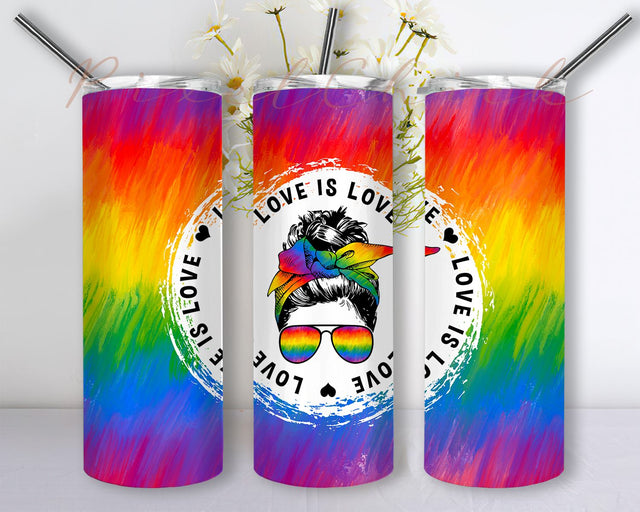 Pride Mom Life Messy Bun Hair Love Is Love Tumbler PNG, Messy Bun Hair Skinny Tumbler Design, Straight Tapered Sublimation Wrap PNG Sublimation PixelChick 